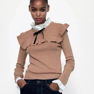 Zara Brown Combination Ruffle Bow Tie Knit Sweater | Size XS